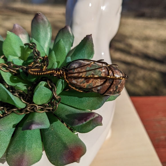 Groovy Jasper Stone Bronze Wire Wrapped Necklace Artisan Wearable Art Handmade - Picture 11 of 17